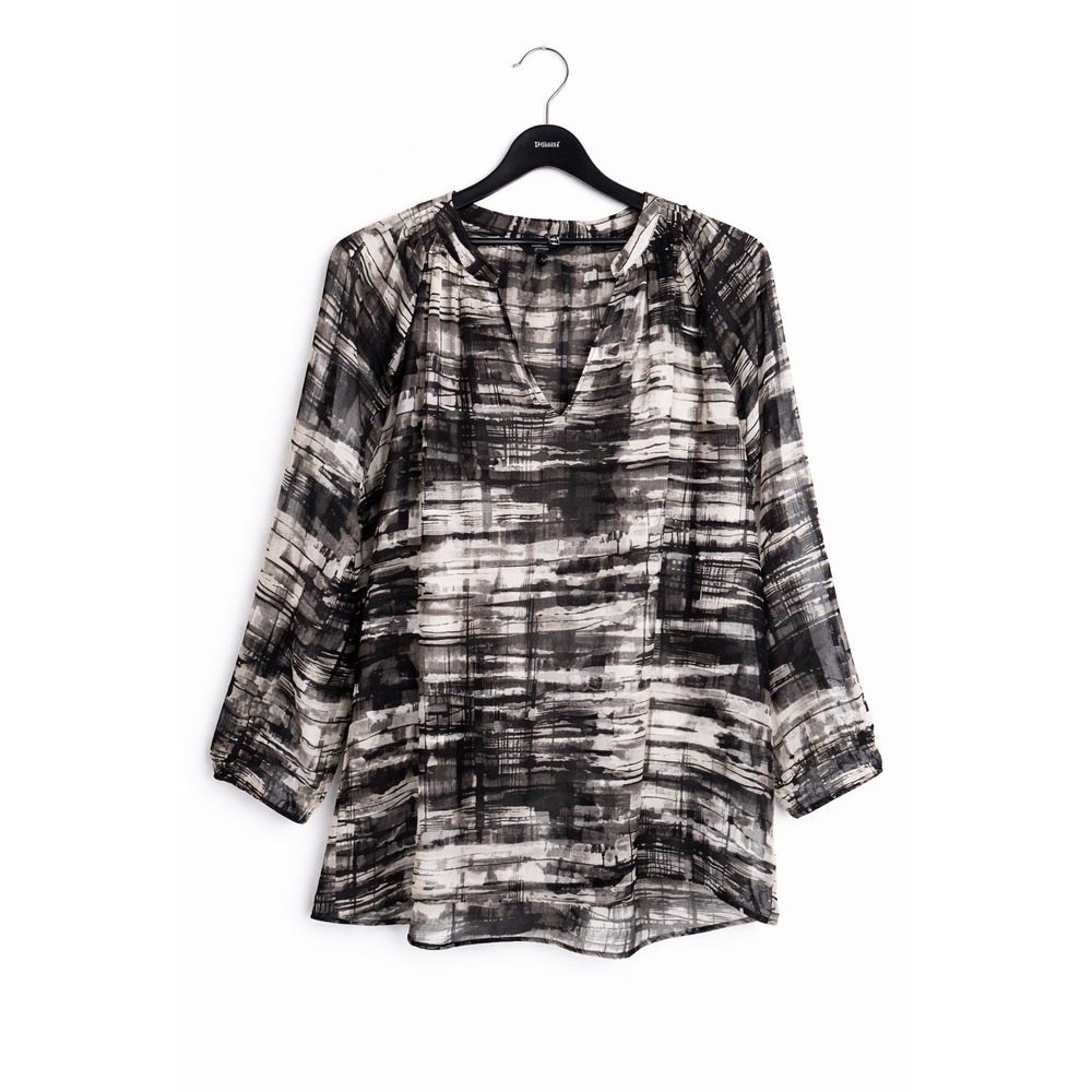 Simply Vera Vera Wang Blouse XL Black White Abstract Grid‎ Sheer Long Sleeve